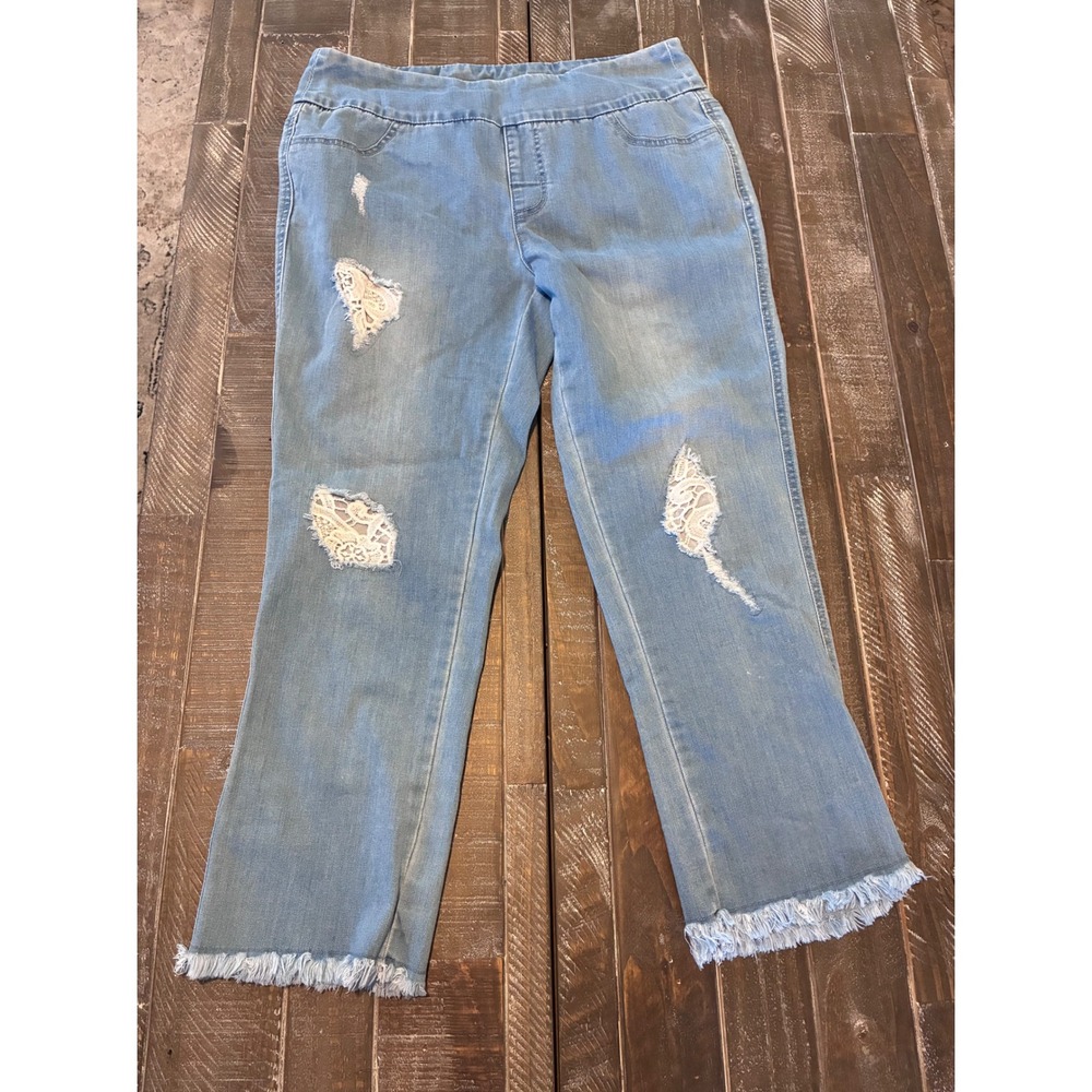 Slim-Sation‎ Denim Capri Pants Size 10 Blue Distressed Frayed Hem Lace